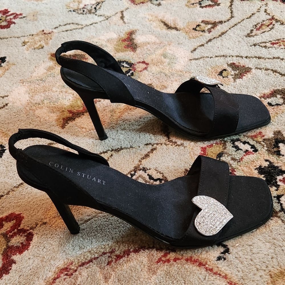 Colin Stuart black heels sandals with heart on the side, size 8.5